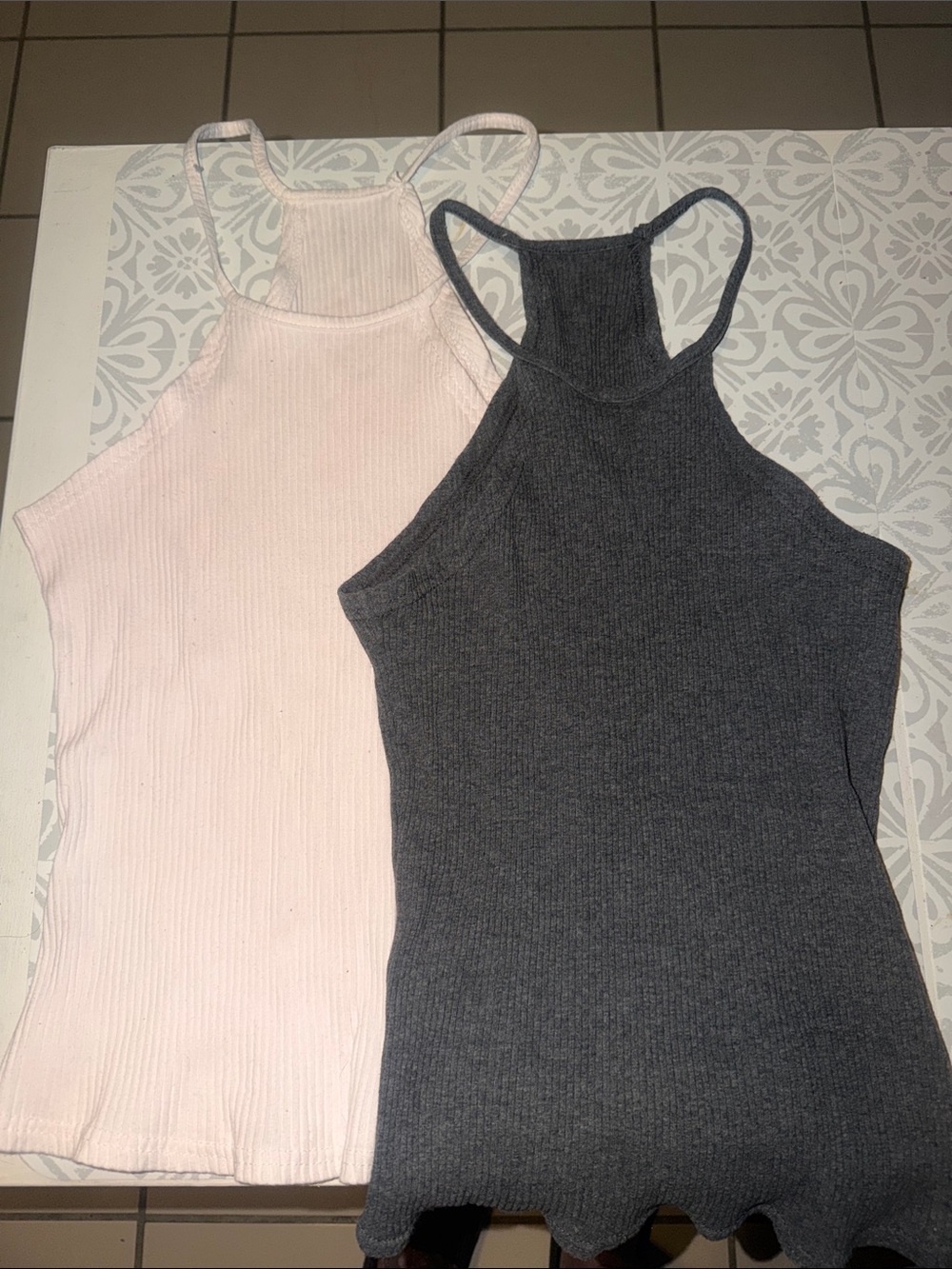 Ribbed High-Neck Tank Top - Light Pink and Charcoal